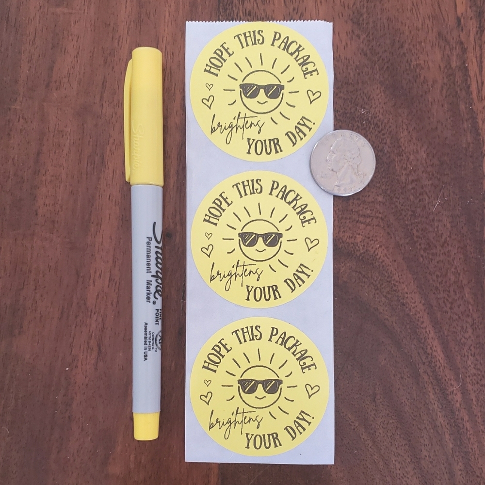 3/$15 Set of 50 2" ROUND STICKERS YELLOW Hope This Package Brightens Your Day - Picture 2 of 3